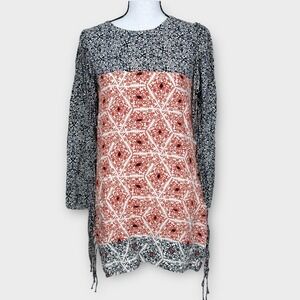 ZARA WOMAN Patchwork Geometric Print Mini Dress Tie Sleeve Fringe Sides Size S